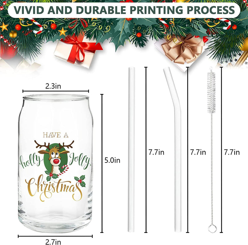 Christmas Glass Gifts Set of 4 - 16Oz Beer Mug Jar Glass Tumbler with Glass Straw and Cleaning Brush, Perfect for Gifts for Women, Man,Best Friend, Coworker Christmas Gifts Home & Garden > Kitchen & Dining > Tableware > Drinkware Flhivsa   