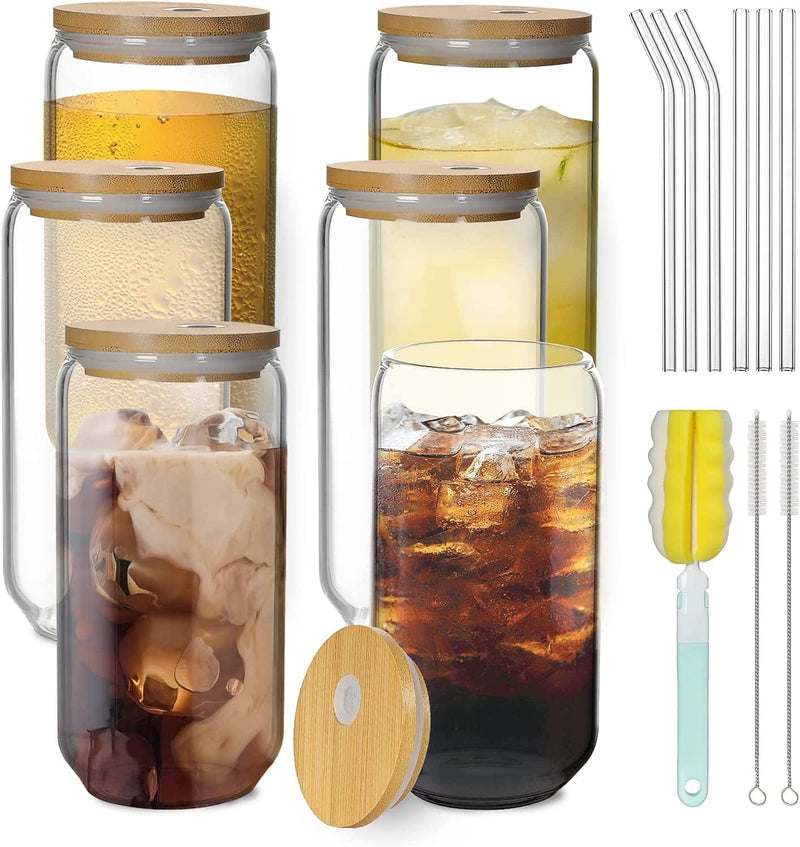 Christmas Glass Gifts Set of 4 - 16Oz Beer Mug Jar Glass Tumbler with Glass Straw and Cleaning Brush, Perfect for Gifts for Women, Man,Best Friend, Coworker Christmas Gifts Home & Garden > Kitchen & Dining > Tableware > Drinkware Flhivsa Glass Clear Bamboo Lid 6 Pack  