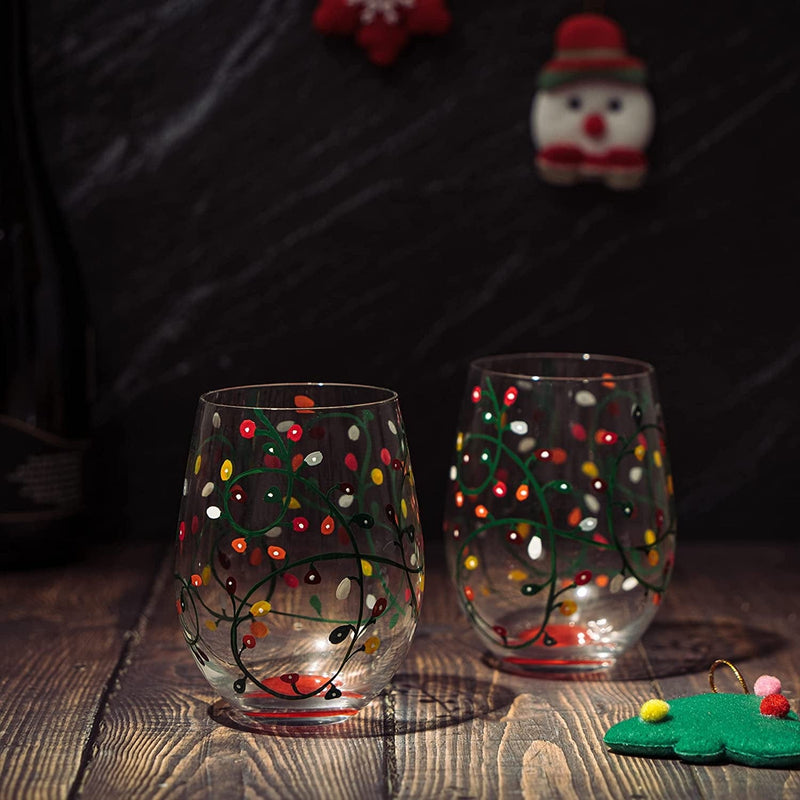 Christmas Holiday Themed Lights Stemless Wine & Water Glasses - Artisanal Hand Painted Ornament Light Bulbs Glasses - Xmas Tree - Set of 2, 17.5Oz - Merry Christmas Santa Festive Theme Stemless Glass Home & Garden > Kitchen & Dining > Tableware > Drinkware The Wine Savant   