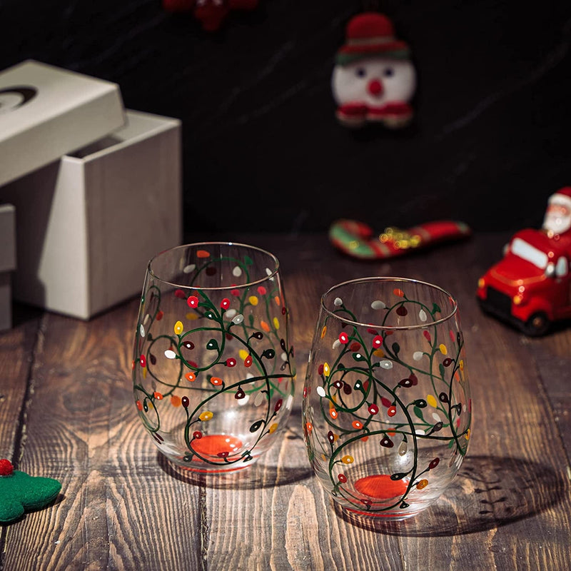 Christmas Holiday Themed Lights Stemless Wine & Water Glasses - Artisanal Hand Painted Ornament Light Bulbs Glasses - Xmas Tree - Set of 2, 17.5Oz - Merry Christmas Santa Festive Theme Stemless Glass Home & Garden > Kitchen & Dining > Tableware > Drinkware The Wine Savant   