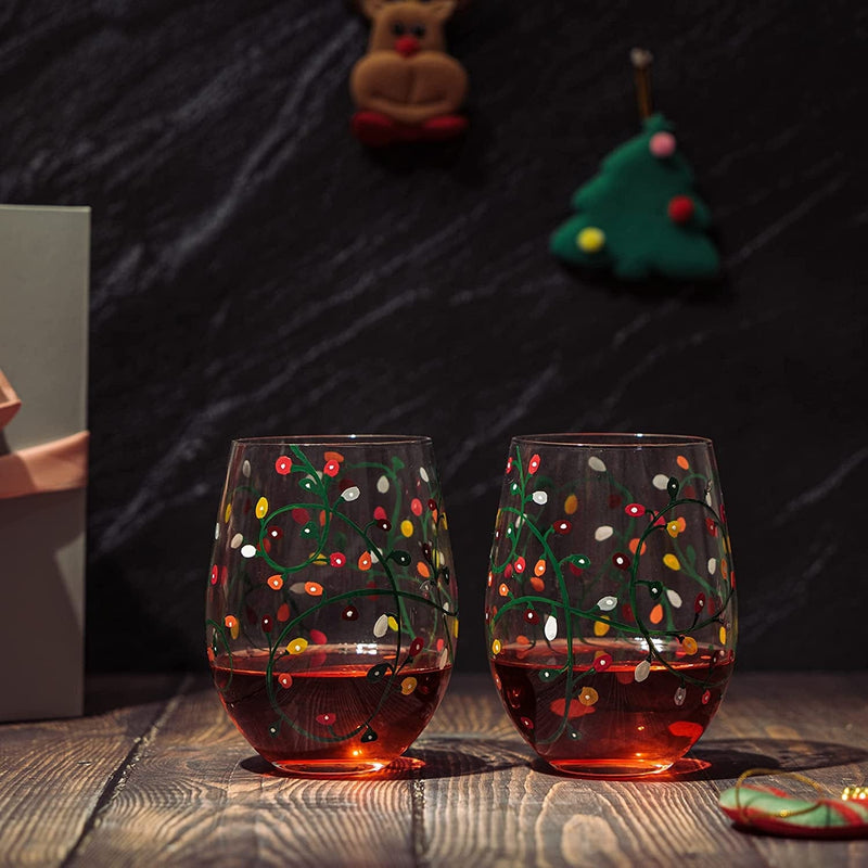 Christmas Holiday Themed Lights Stemless Wine & Water Glasses - Artisanal Hand Painted Ornament Light Bulbs Glasses - Xmas Tree - Set of 2, 17.5Oz - Merry Christmas Santa Festive Theme Stemless Glass