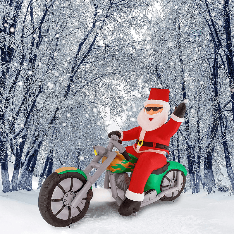 Christmas Masters 6 Foot Inflatable Santa Claus Riding a Motorcycle with Hand Up Waving Hello LED Lights Indoor Outdoor Yard Lawn Decoration - Cute Funny Chopper Xmas Holiday Party Blow Up Display