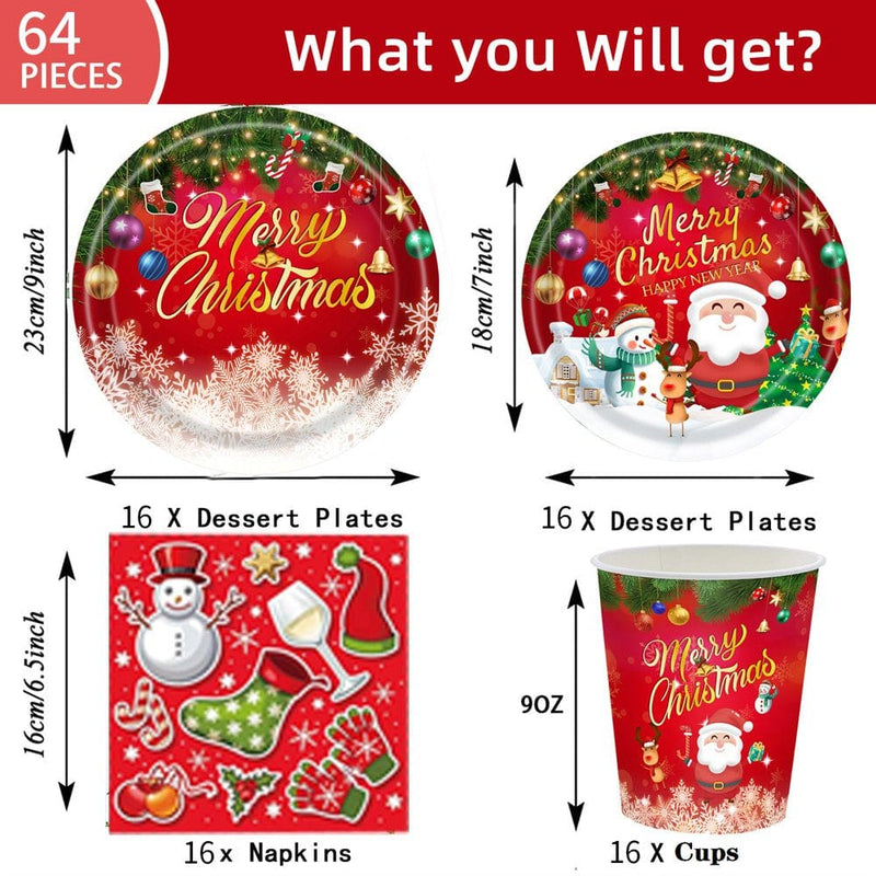 Christmas Party Supplies Serves 4 Piece Set, Christmas Party Decorations, Complete Pack Includes Xmas Paper Plates and Napkins, Cups,Total 64Pcs  JiAnDa   