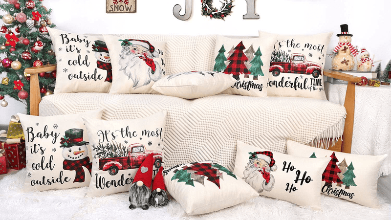 Christmas Pillow Covers 18x18 Set of 4 Farmhouse Christmas Decor Red Black Buffalo Plaids Winter Holiday Decorations Throw Cushion Case for Home Couch(Tree, Rustic Truck, Santa Claus, Snowman Quote)