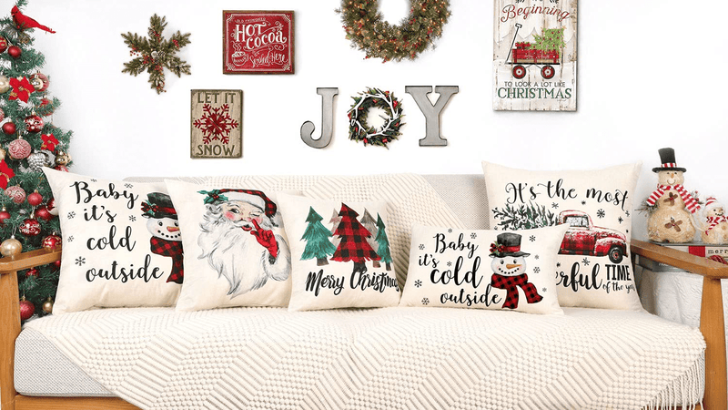 Christmas Pillow Covers 18x18 Set of 4 Farmhouse Christmas Decor Red Black Buffalo Plaids Winter Holiday Decorations Throw Cushion Case for Home Couch(Tree, Rustic Truck, Santa Claus, Snowman Quote) Home & Garden > Decor > Seasonal & Holiday Decorations& Garden > Decor > Seasonal & Holiday Decorations 4TH Emotion   