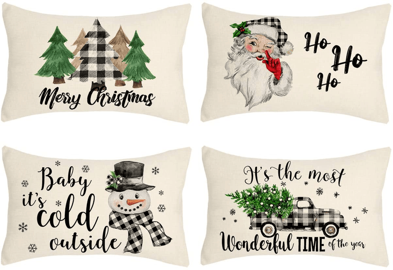 Christmas Pillow Covers 18x18 Set of 4 Farmhouse Christmas Decor Red Black Buffalo Plaids Winter Holiday Decorations Throw Cushion Case for Home Couch(Tree, Rustic Truck, Santa Claus, Snowman Quote) Home & Garden > Decor > Seasonal & Holiday Decorations& Garden > Decor > Seasonal & Holiday Decorations 4TH Emotion Black White 12 X 20 inches 