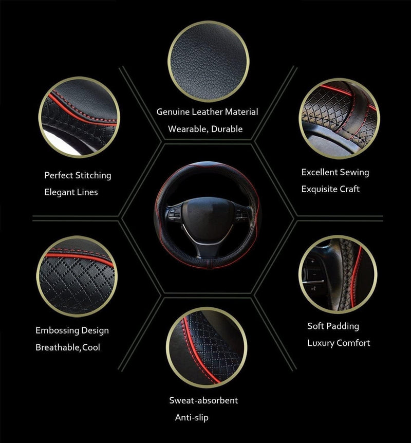 Car Steering Wheel Cover, Anti-Slip, Safety, Soft, Breathable, Heavy Duty, Thick, Full Surround, Sports Style (Black with Red Line)