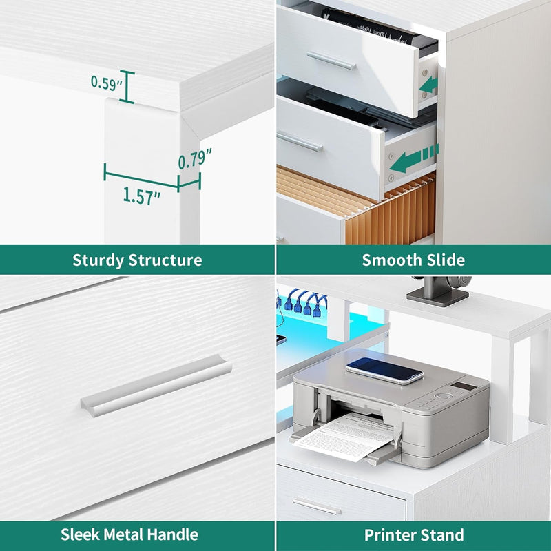 DWVO L Shaped Desk with Power Outlets & LED Lights, 65" Computer Desk with Drawers, Corner Desk Office Desk with File Cabinet & Printer Stand, White