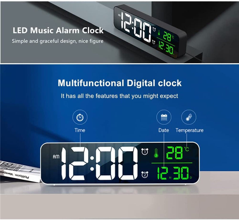 Digital Large Display Alarm Clock for Living Room Office Bedroom Decor LED Electronic Date Temp Display Wall Electric Clocks Automatic Brightness Dimmer Smart Cool Modern Desk Accessories Black