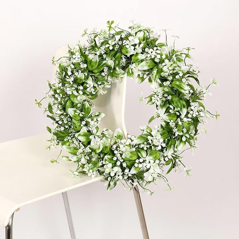 Emivery Artificial Flower Wreath, Fake White Babys Breath Wreath Artificial Wreath with Green Leaves for Front Door Wedding Home Party Decor