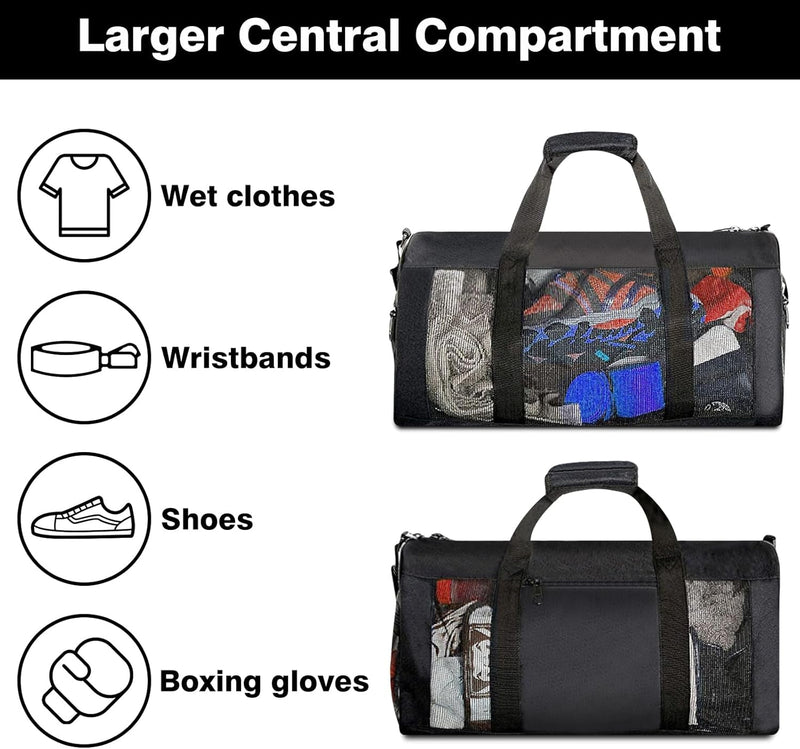 Boxing Gym Bag, WITSTEP Mesh Boxing Duffle Bag with Detachable Shoulder Strap Breathable Gym Duffle Bag for Sweaty Clothes and Equipment, Sturdy Wrestling Karate MMA Workout Bag for Men Women