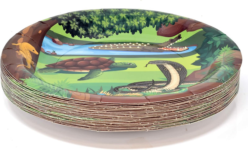 122 Pcs Reptile Lizard Snake Party Supplies Set Paper Plates Cup Napkin for Wildlife Turtle Wilderness Jungle Birthday Disposable Dinnerware Serves 24