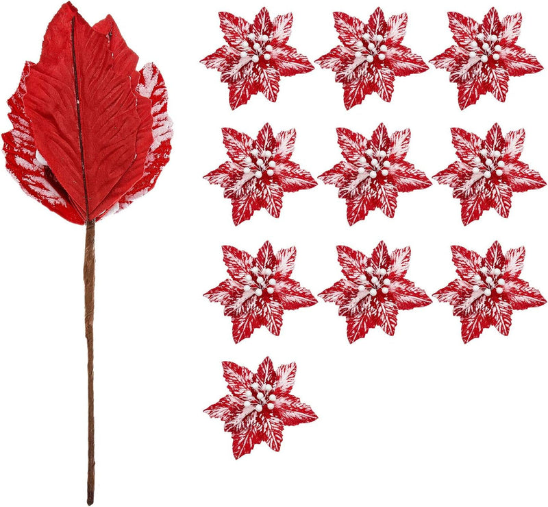 10Pcs Snow Decorated Large Poinsettia Decorative Christmas Flower Stem for Christmas Tree Wreath Garland, Red/White