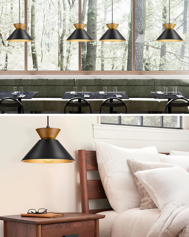 ELYONA Modern Pendant Lights Kitchen Island, Solid Wood Hanging Lamp with Matte Black Metal Shade & Gold Inner Finish, Farmhouse Pendant Light Fixtures for Dining Room, Bedroom, Living Room, Hallway