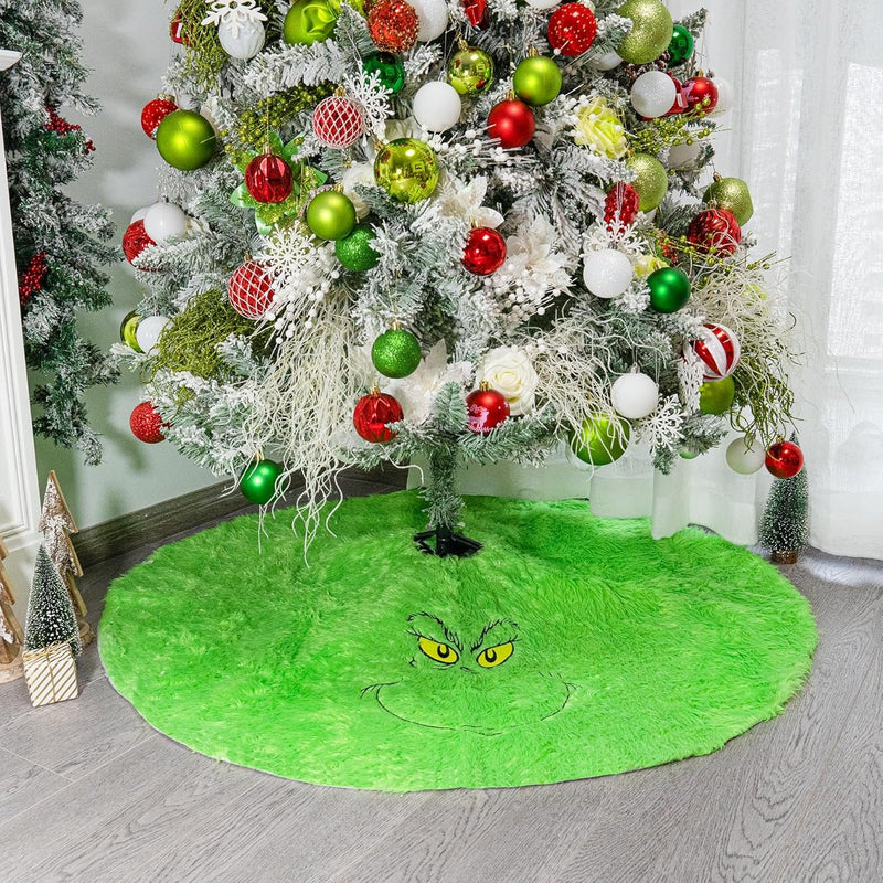 48 Inch Green Christmas Tree Skirt for 6-7 Ft Tree Soft Plush Faux Fur Christmas-Tree-Skirt Funny Velvet Farmhouse Tree Skirt Decorations for Helloween Xmas Holiday Party