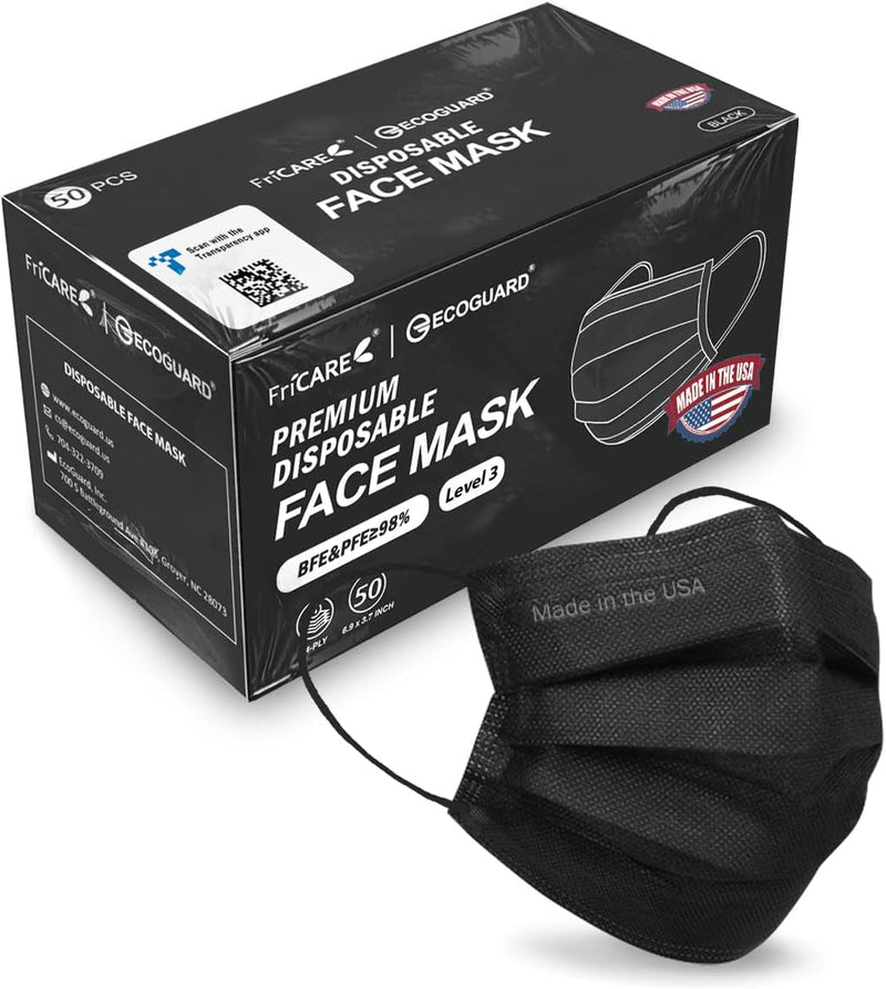 Fricare Made in USA, 4-Ply Black Disposable Face Mask ECOGUARD, ASTM Level 3 Performance Proven in Third Party Independent Labs Studies Pack of 50