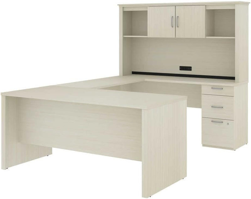 Bestar Logan 66W U or L-Shaped Executive Office Desk with Pedestal and Hutch in White Chocolate
