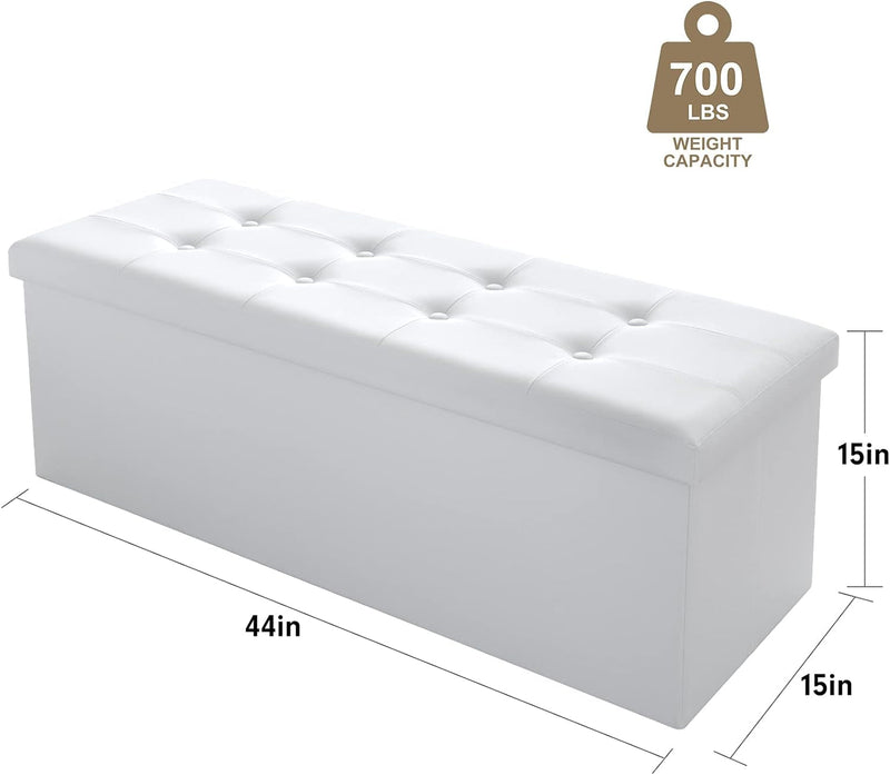 Camabel Folding Ottoman with Storage Bench Cube 43 Inch Hold up 700Lbs Faux Leather Long Chest with Memory Foam Seat Footrest Padded Bed Storage Bench for Bedroom Coffee Table Rectangular White BG470