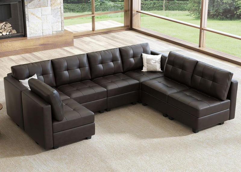 HONBAY Modular Sectional Couch with Storage Faux Leather Convertible Modular Sectional Sofa U Shaped Couch with Ottomans and Chaises Faux Leather 7-Seater Sectional Sofa for Living Room, Brown