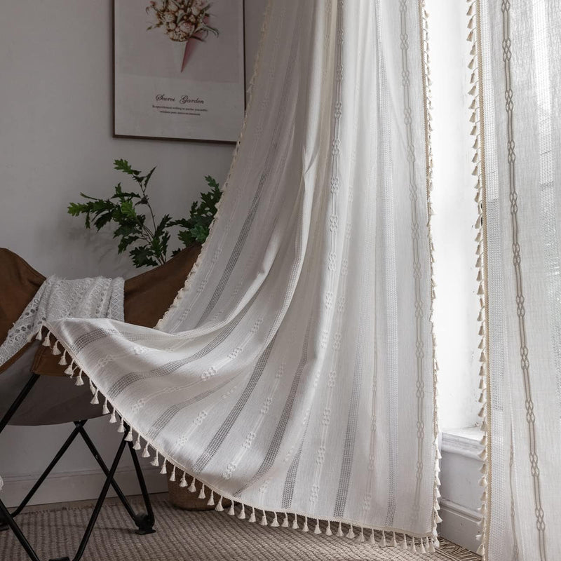 Boho Curtains for Bedroom Embroidery Striped Farmhouse Curtains 63 Inch Length 2 Pannels for Living Room off White Linen Curtains Semi Sheer Curtains Rod Pocket Drapes(52" W X 63" L,White)