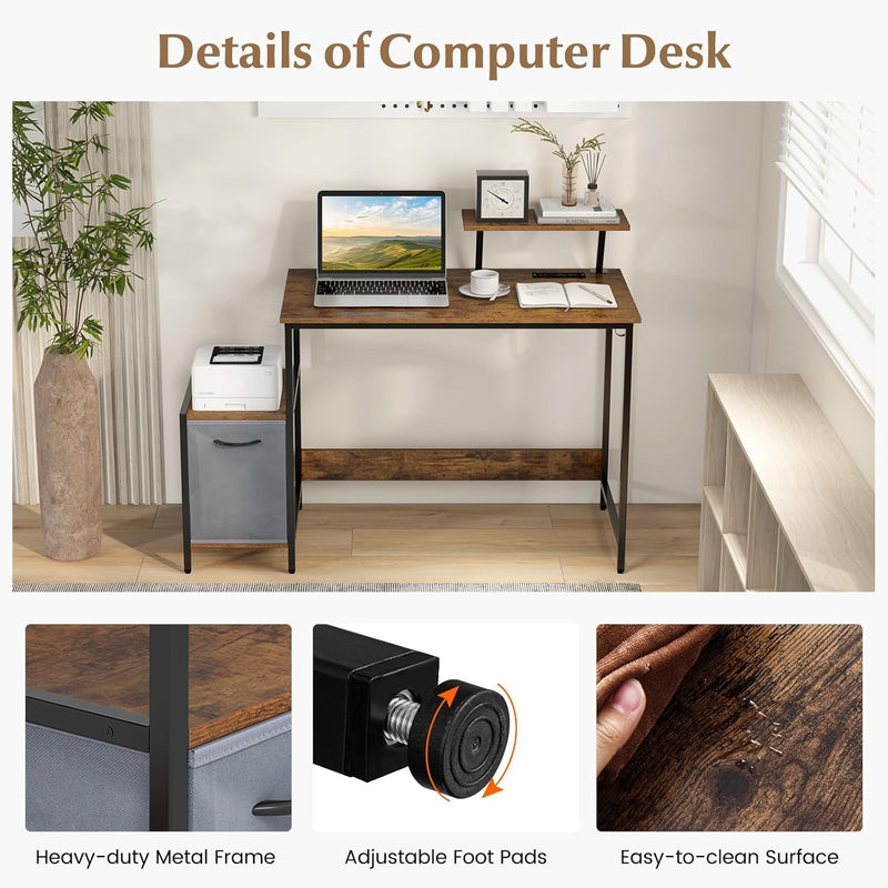 Computer Desk with Power Outlet, Writing Desk with Fabric Drawer & Reversible Storage Shelves, Industrial Work Desk with Monitor Stand, Small Desks Bedroom, Study, Home Office (Rustic Brown)