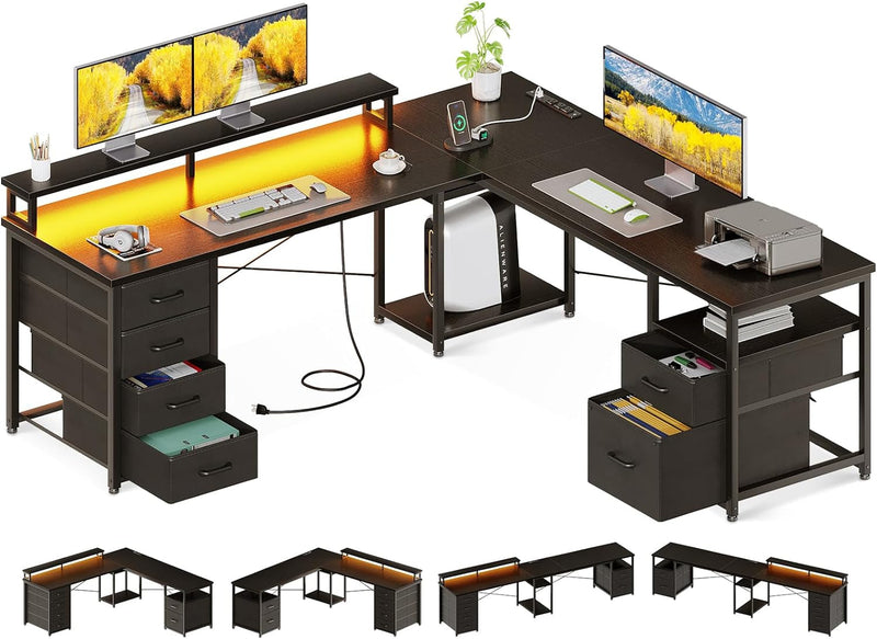 AODK 66" L Shaped Computer Desk, 113“ Reversible Home Office Desk with File Cabinet & 4 Fabric Drawers, Two Person Desk with LED Lights & Power Outlet, Corner Gaming Desk with Monitor Shelf, Black