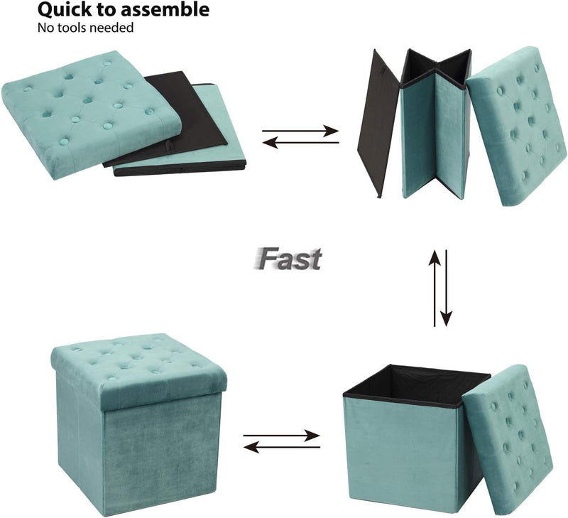 B FSOBEIIALEO Storage Ottoman Cube Velvet Tufted Folding Ottomans Footstool Rest Seat with Removable Lid (Teal, Medium)