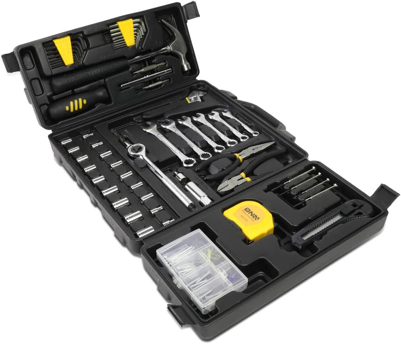 DNA Motoring TOOLS-00029 16 Piece Mechanic'S Home Repair Tool Set with Carrying Case, Includes Pliers, Wrench, Hex Key, Screwdriver, Spirit Level, and Tape Measurer, 1 Set, Yellow/Black