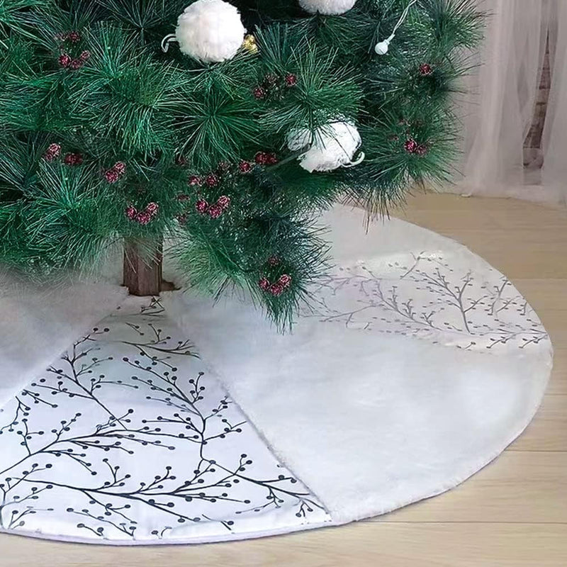 Christmas Tree Skirt, 48 Inch Large White & Grey Faux Fur Christmas Tree Base Mat with Silver Tinsel for Xmas Decoration or Home Décor