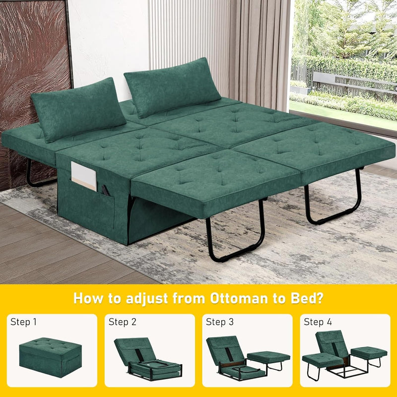 4 in 1 Sleeper Ottoman Bed Chair Sofa, Convertible Sleeper Chair Bed with Adjustable Backrest & Pillow, Multi-Function Couch No Assembly for Small Spaces Living Room Apartment, 36" Width Green