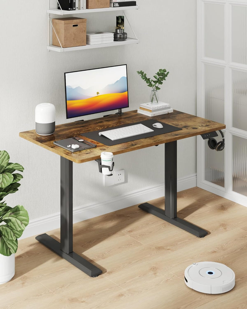 Electric Standing Desk, 43 Inch Height Adjustable Home Office Table with Headphone Hook and Cup Holder, Black Legs/Rustic Brown Top