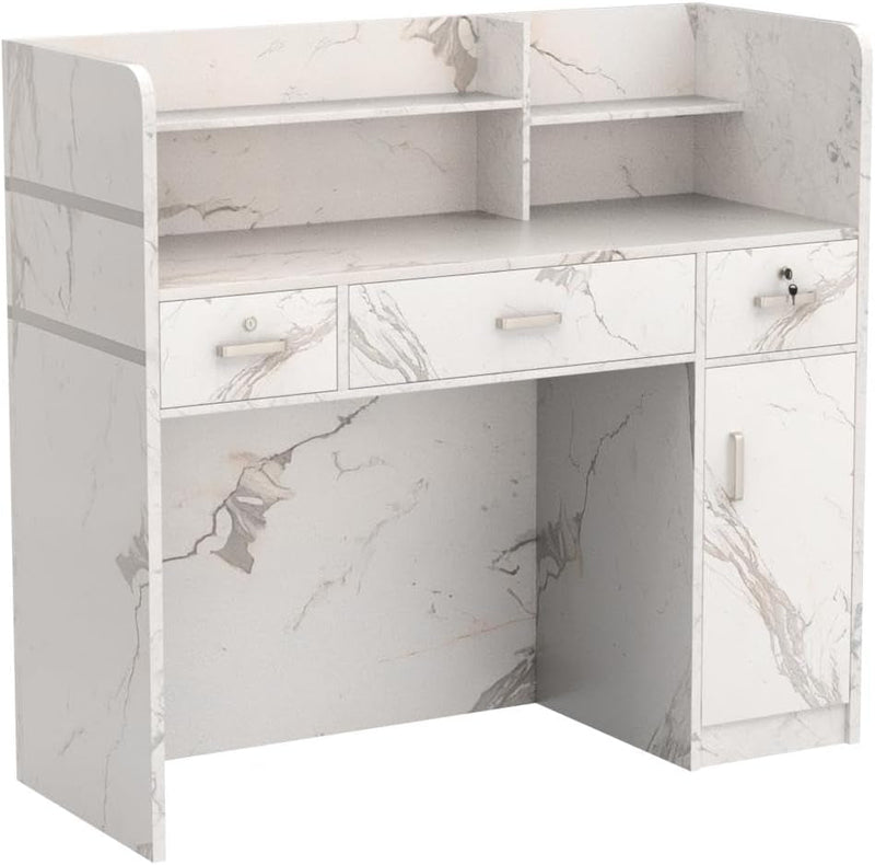 Homsee Modern Reception Desk with 3 Drawers, 1 Door Storage Cabinet & Hutch Shelf, Office Wooden Computer Desk, Writing Study Table PC Laptop Desk, White Marble (47.3" L X 18.3" W X 43.3" H)