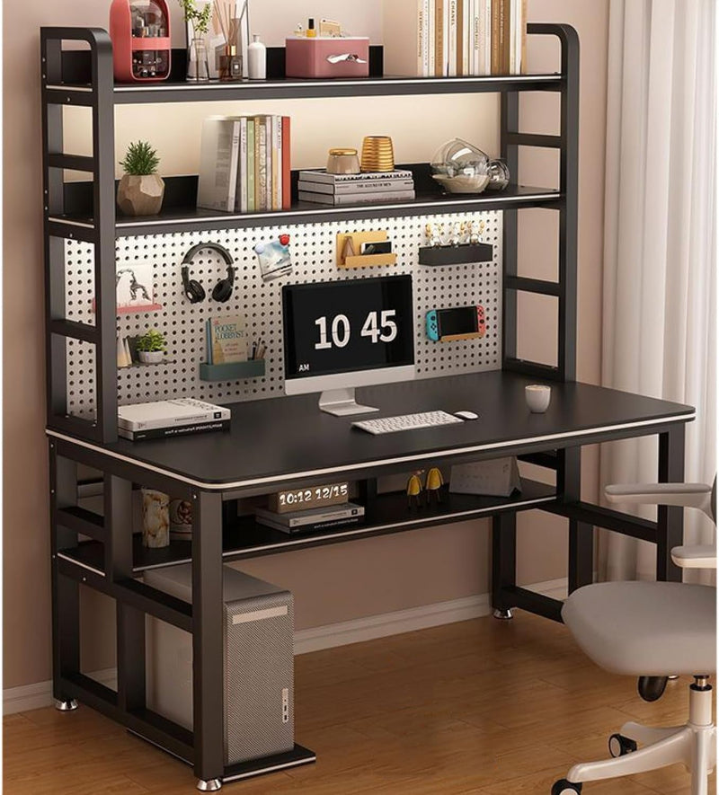 Home Office Desk Industrial Computer Desk with Storage Shelves & Pegboard, Modern Student Writing Desk Study Writing Workstation Table(47Inch, Black)