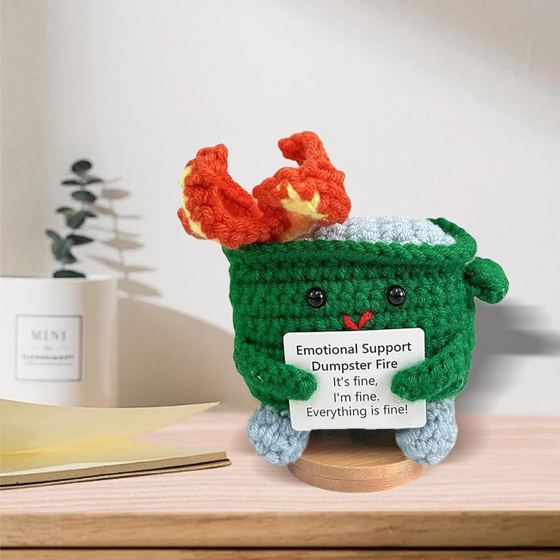 Emotional Support Dumpster- Handmade Crochet Dumpster Fire Doll, Christmas Dumpster Fire Knitting Toy Ornaments with Positive Card, Handmade Emotional Support Crochet Gift Desk Decor (Green)