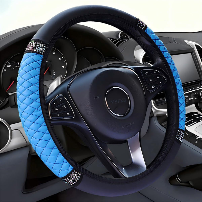 Diamond Leather Steering Wheel Cover Universal 15 Inch with Bling Bling Crystal Rhinestones, Anti-Slip Car Steering Wheel Protector for Women Girls (Black)