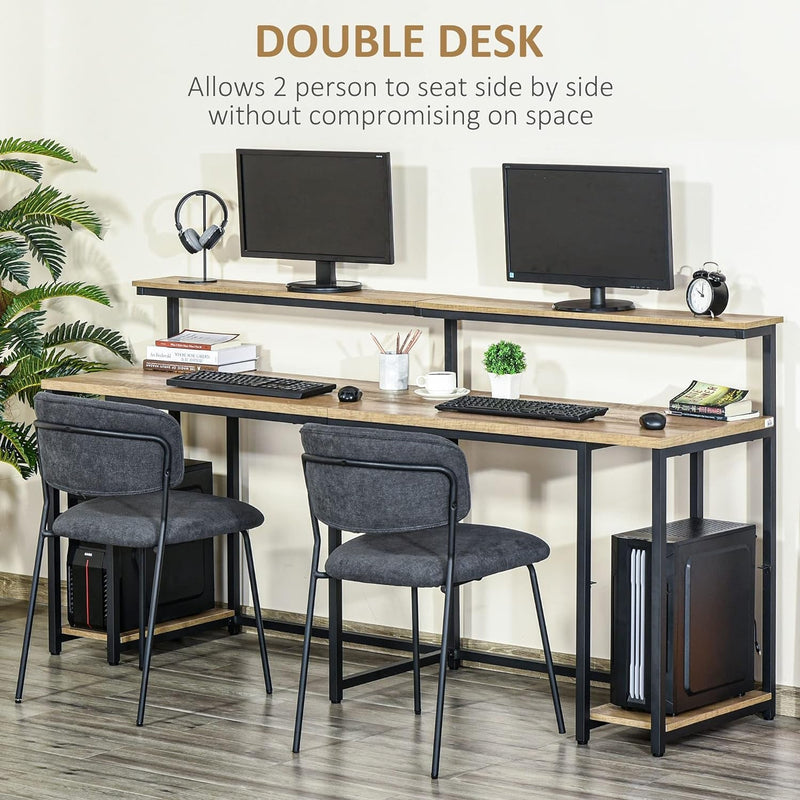 HOMCOM 78.75 Inches Double Computer Desk for Two Person, Extra Long Home Office Desk with Monitor Shelf and CPU Stand, Brown