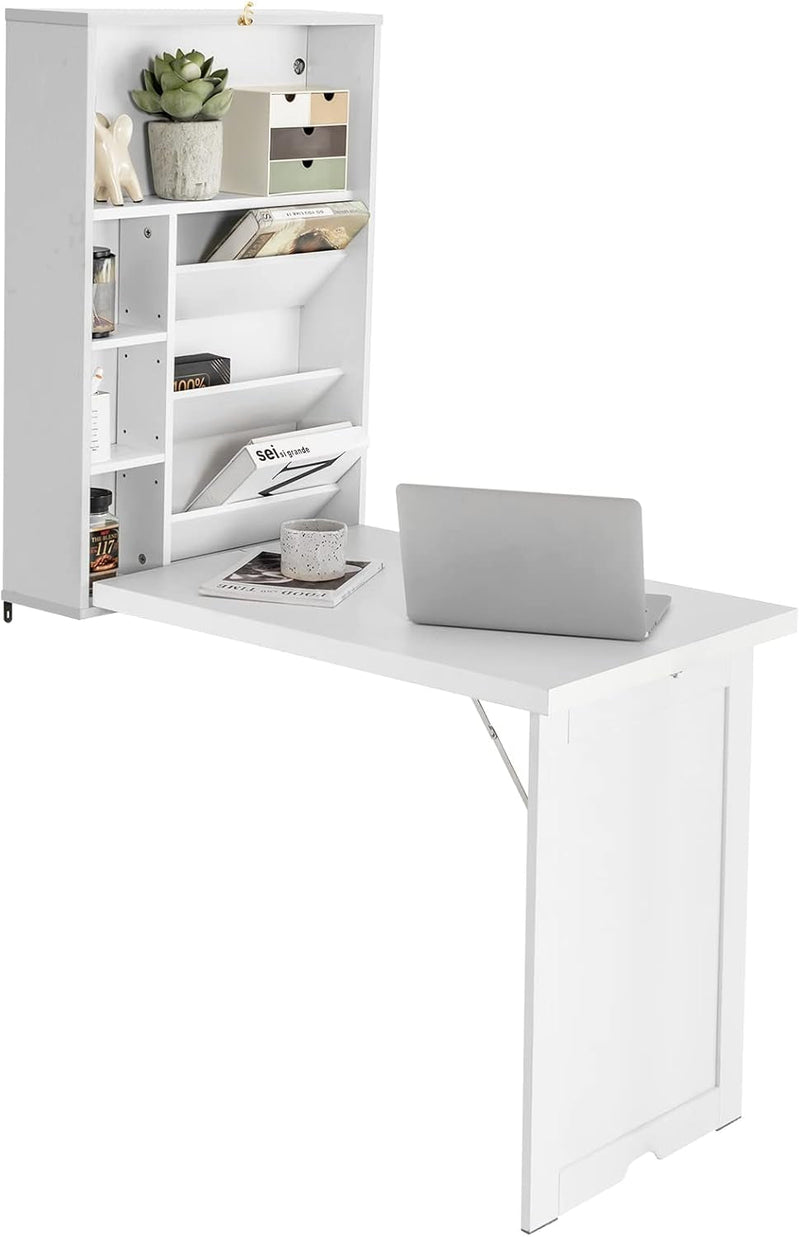 Folding Wall-Mounted Desk, Convertible Computer Desk, Floating Desk, Storage Bookcases, Adjustable Shelves, Space Saving Fold up Workstation for Home, Office, Dinning Room (White)