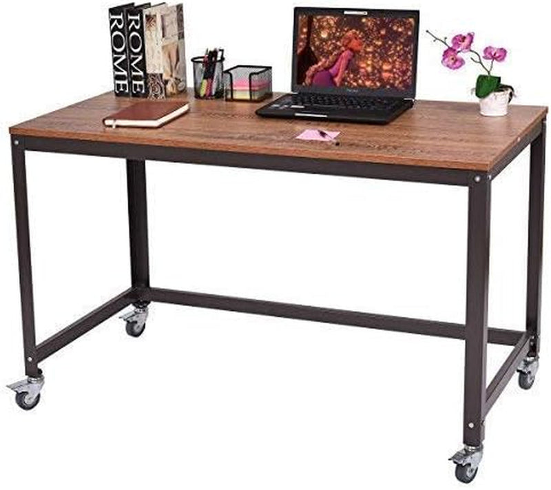 COSTWAY Computer, Wood Portable Compact Simple Style Study Writing Desk Workstation 4 Smooth Wheels, Home Office Collection Work Table, Brown