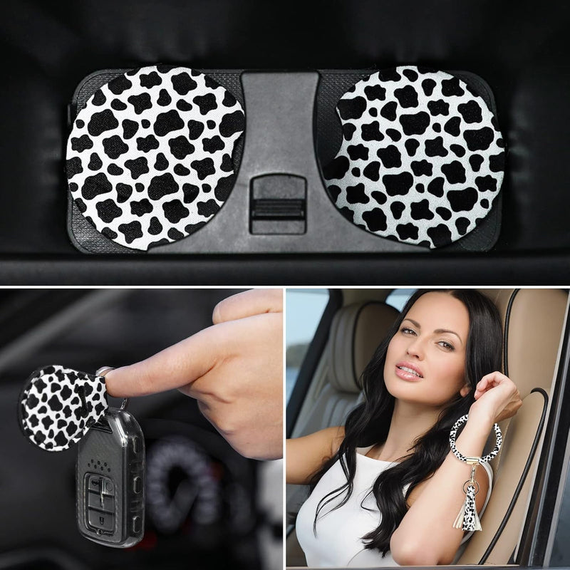 10 Pieces Cow Print Car Accessories Set Cow Fluffy Plush Steering Wheel Cover Shift Cover Handbrake Cover Pad Cup Seat Belt Pad Bracelet Key Chain License Ornament for Women Car Interior(Black)