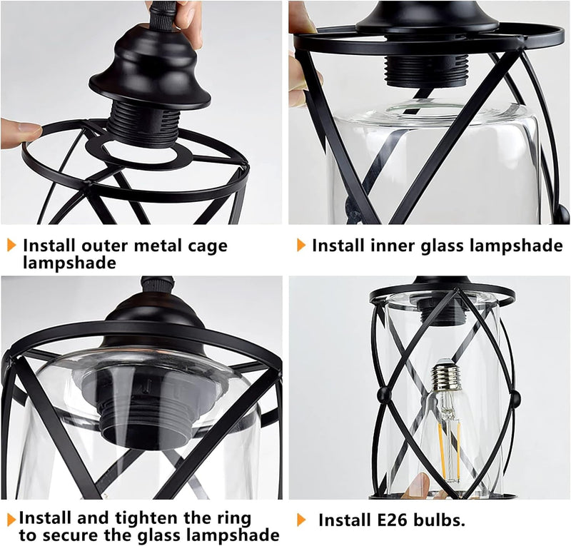 DLLT 3-Light Industrial Pendant Light, Black Metal Cage Hanging Chandelier Lights with Glass Shade, Vintage Style Flush Mount Swag Lighting Fixture for Kitchen/Dining Room/Hallway/Bedroom, E26 Base