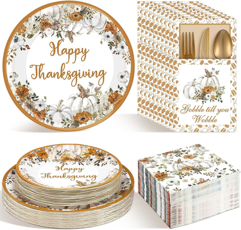 264 Pcs Thanksgiving Plates Napkins Disposable Cutlery Holder Set Thanksgiving Centerpieces for Table Decoration Dinner Autumn Leaves Fall Harvest Wedding Decoration