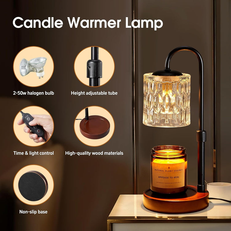 Briever Dimmable Candle Warmer Lamp with Timer, Height Adjustable Electric Candle Wax Warmer for Jar Candles, Top-Down Light Heat Melting Wax with 2 Bulbs, Walnut Solid Wood Base for Home Decor Gifts