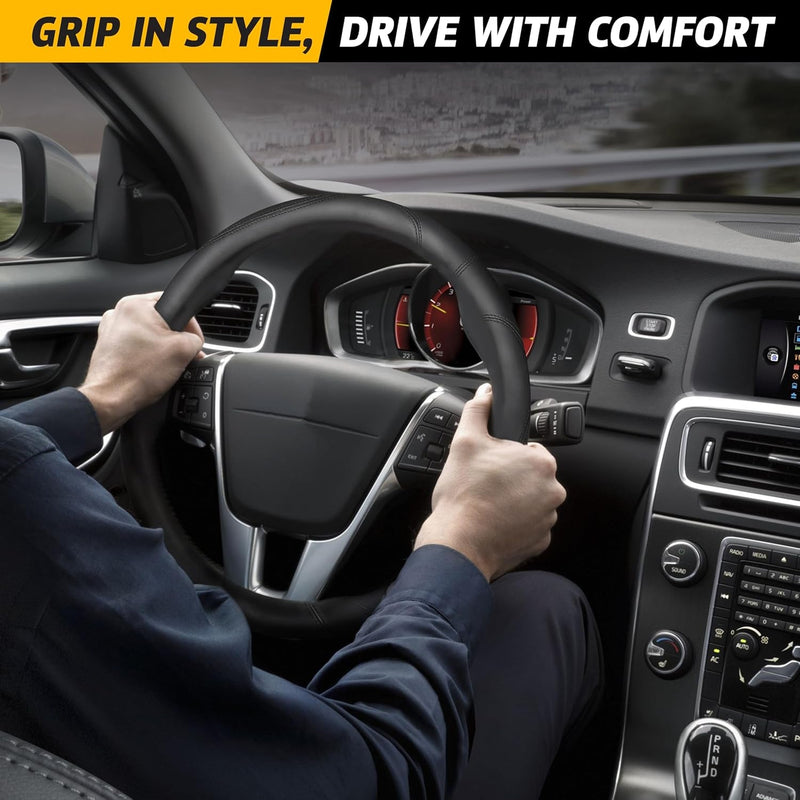 Econour Car Steering Wheel Cover | Premium & Durable PU with Anti-Slip Design | Universal Car Steering Wheel Cover Wheels - Fits 14.5"-15" | Car Accessories - Black