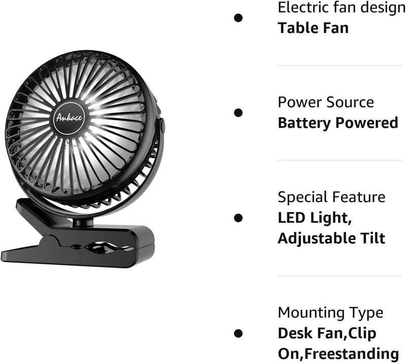 10000Mah Portable Clip on Fan Rechargeable, Battery Operated Desk Fan Clip on Fan with LED Light, 3 Modes 360° Rotation Personal USB Small Fan for Outdoor Camping Golf Cart Indoor Gym Treadmill Office