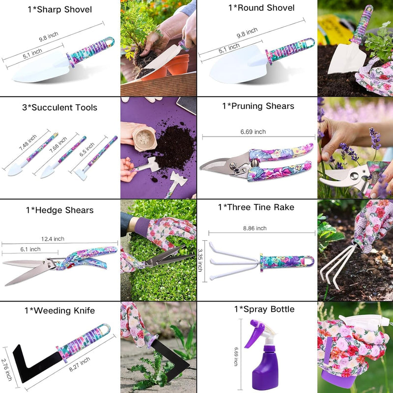 Garden Tools Set, JUMPHIGH 10 Pieces Gardening Tools with Purple Floral Print, Ergonomic Handle Trowel Rake Weeder Pruner Shears Sprayer, Garden Hand Tools with Carrying Case Gardening Gifts for Women