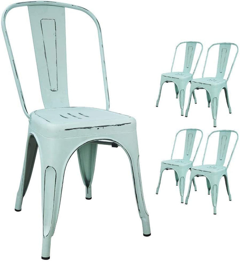 Devoko Metal Indoor-Outdoor Chairs Distressed Style Kitchen Dining Chairs Stackable Side Chairs with Back Set of 4 (Green)