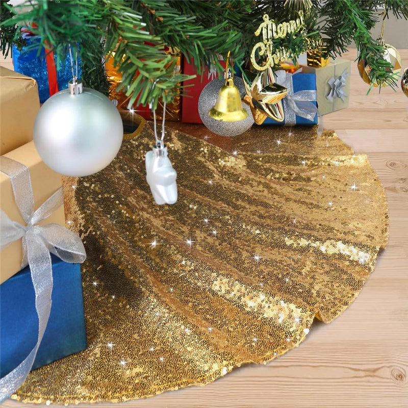 48 Inch Gold Xmas Tree Skirt Christmas Decorations Sequin Tree Skirt Cover New Year Party Indoor Holiday Tree Ornaments