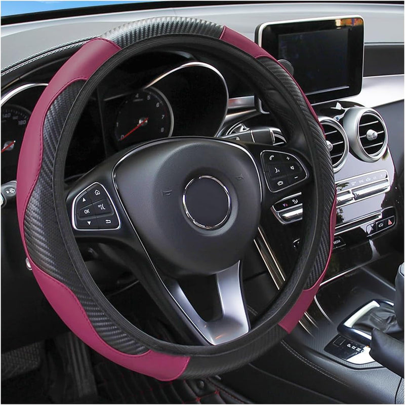 Car Steering Wheel Cover, 15 Inch Carbon Fiber Microfiber PU Leather Elastic Steering Wheel Protector for Men Women, Anti-Slip Breathable Car Interior Accessories for Most Cars (Red)