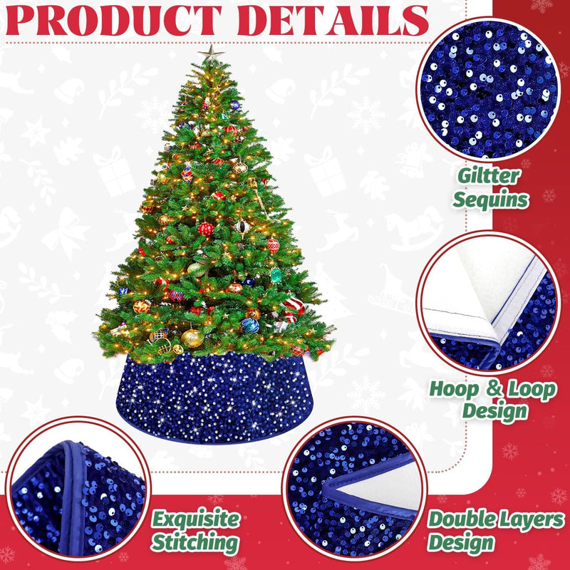 Blue Christmas Tree Collar 23.6 Inch Sequin Velvet Christmas Tree Skirt Christmas Tree Stand Base Cover for Xmas Tree Ring Christmas Tree Base Box Sparkle Tree Collar Skirt for Home Decor