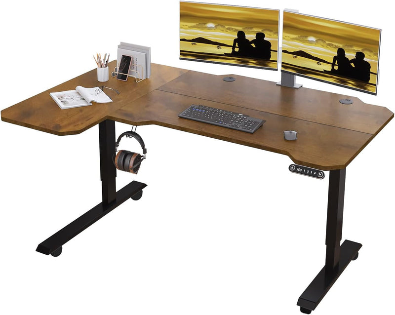 Adjustable Height Electric Standing Desk, 55 X 24 Inch Sit Stand Computer Desk with Lockable Casters, Stand up Desk Table for Home Office, Black Frame/Rustic Brown + Black Top